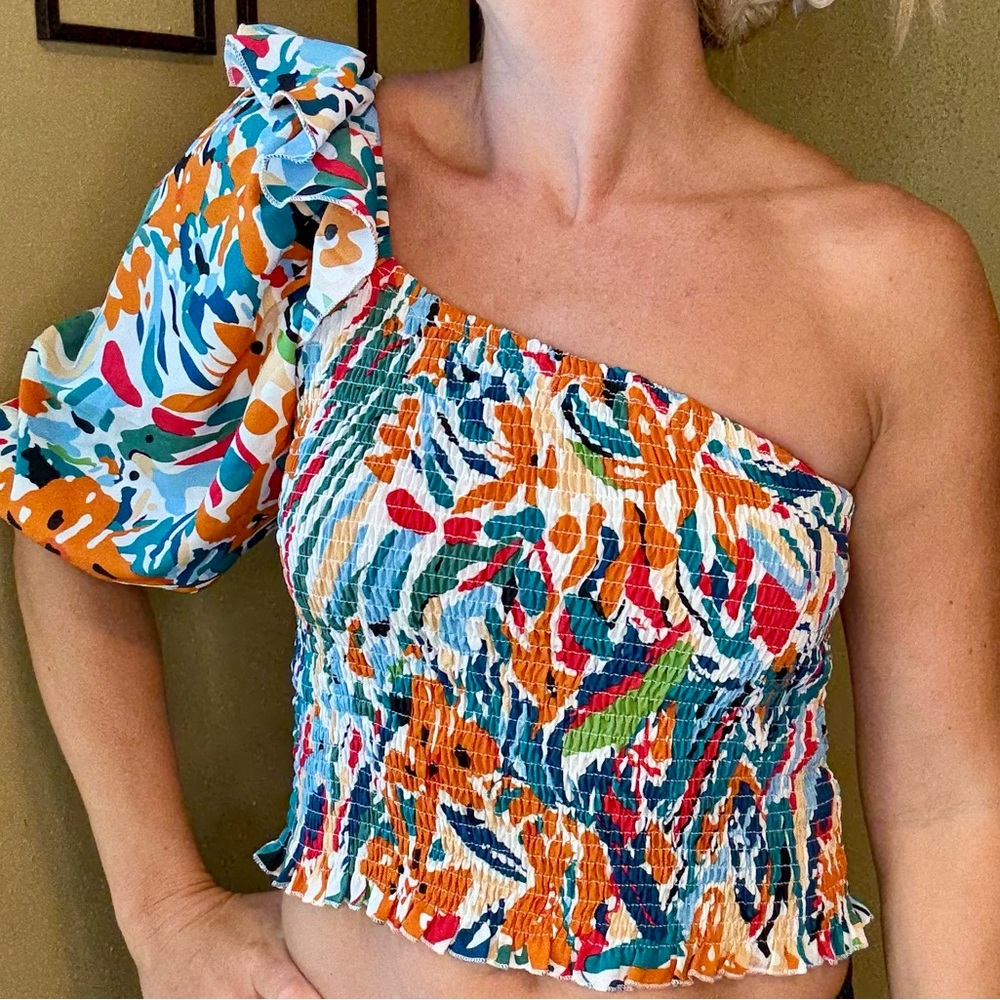 Colorful One-Shoulder Smocked Top